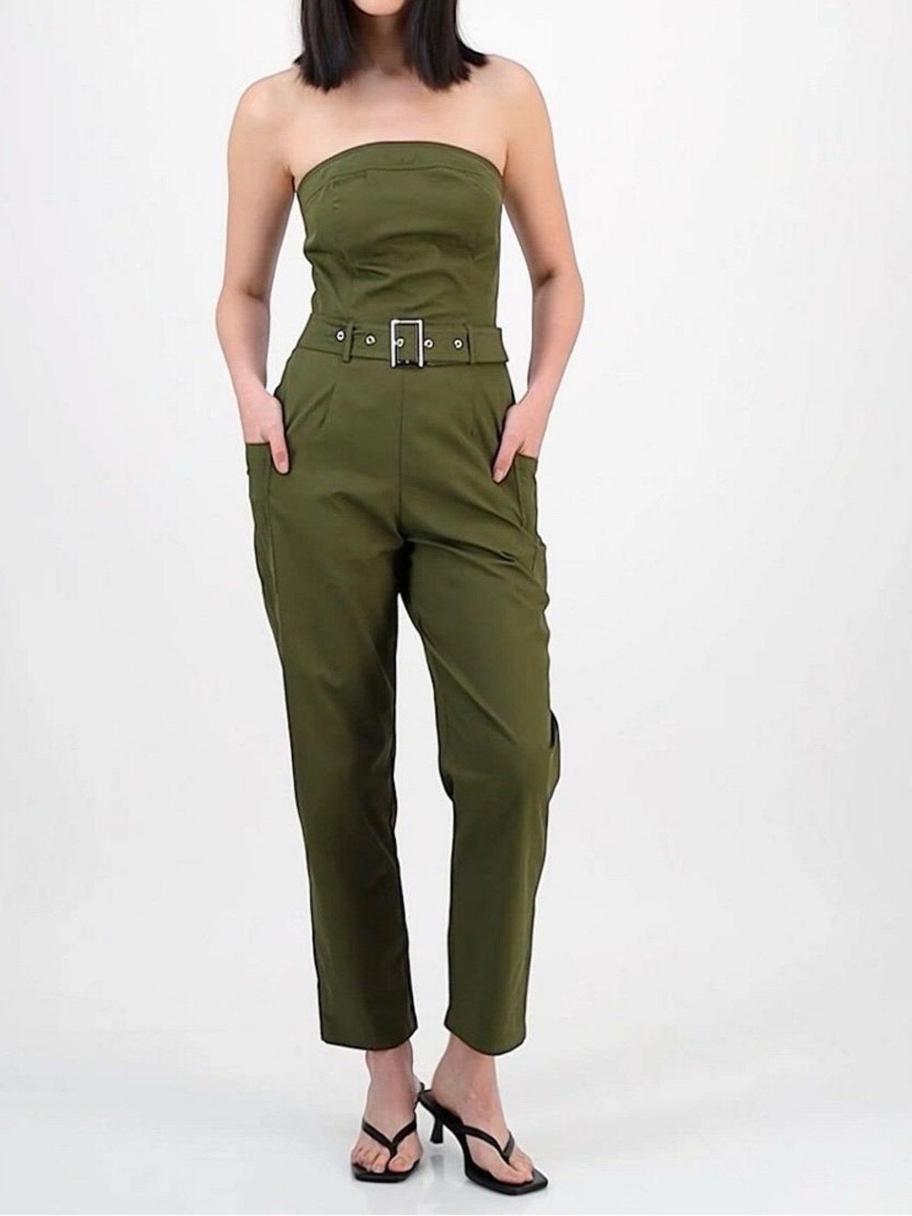 NWT Bar III Strapless Belted Utility Jumpsuit Olive Green Size